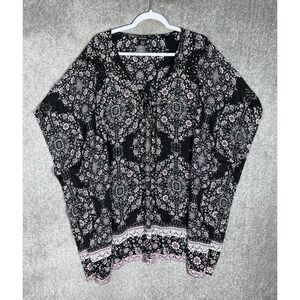 Evans Poncho Top Womens Sz 26/28 Black Pink Gray Floral Rhinestones Lace Up Neck